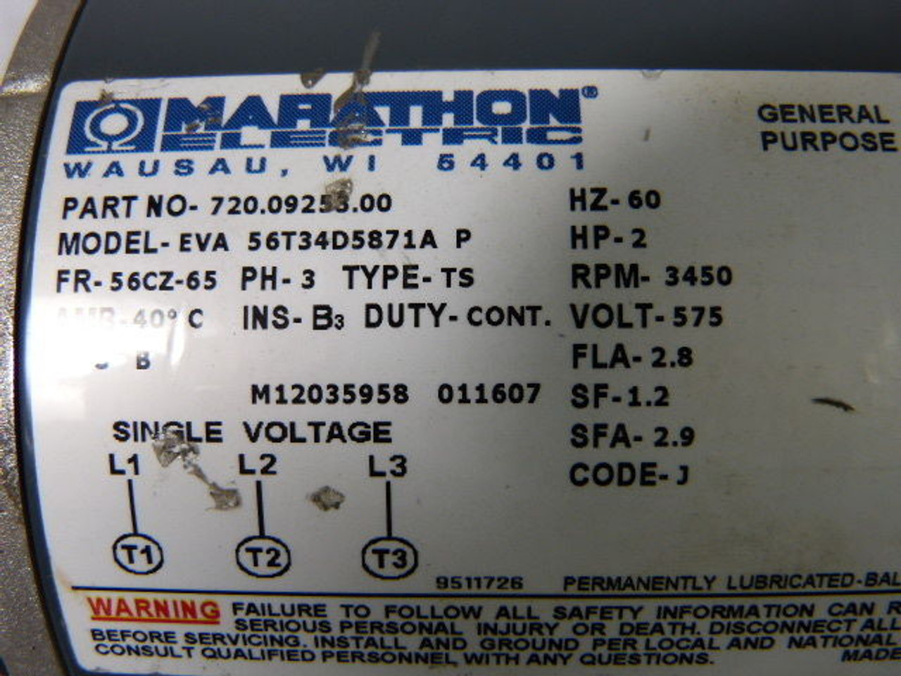 Marathon 2HP 3450RPM 575V 56CZ-65 DP 3Ph 2.8A 60Hz ! NEW !