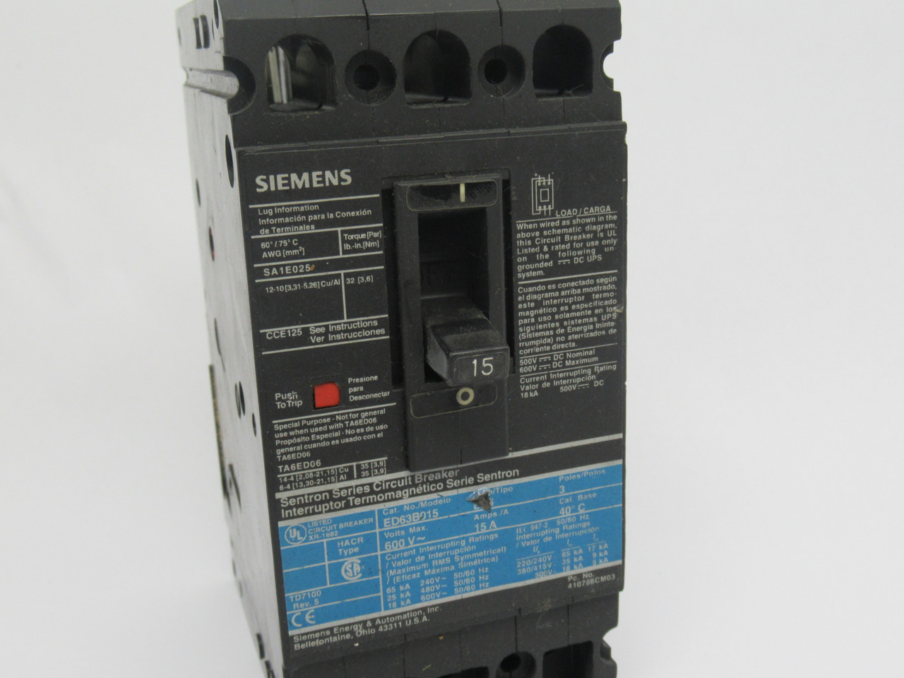 Siemens ED63B015 Circuit Breaker 15A 600V 3 Pole USED