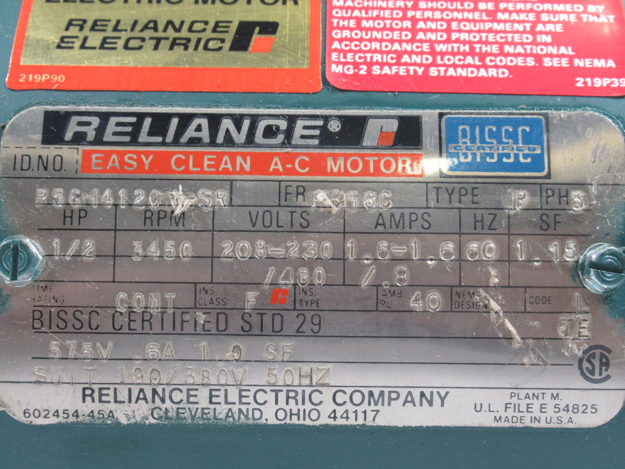 Reliance P56-14120N-SR Easy Clean AC Motor 1/2HP 3450RPM 208-230/460V ! NOP !