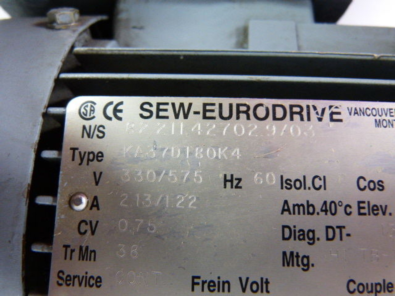 Sew-Eurodrive 0.75HP 38RPM 330/575V TEFC C/W Reducer 44.46:1 Ratio USED