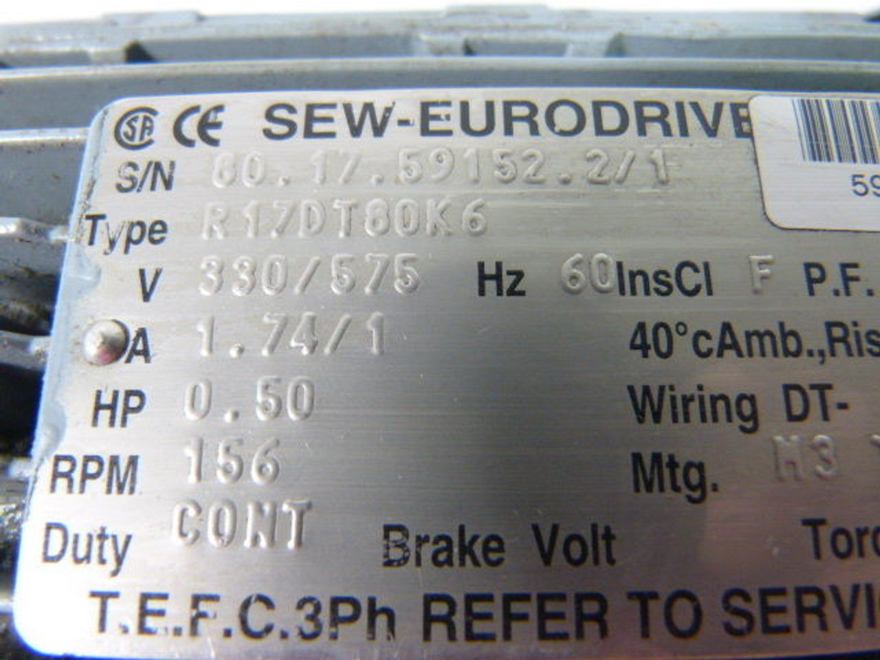 Sew-Eurodrive 0.50HP 156RPM 330/575V TEFC 3Ph 1.74/1A 60Hz C/W Reducer USED