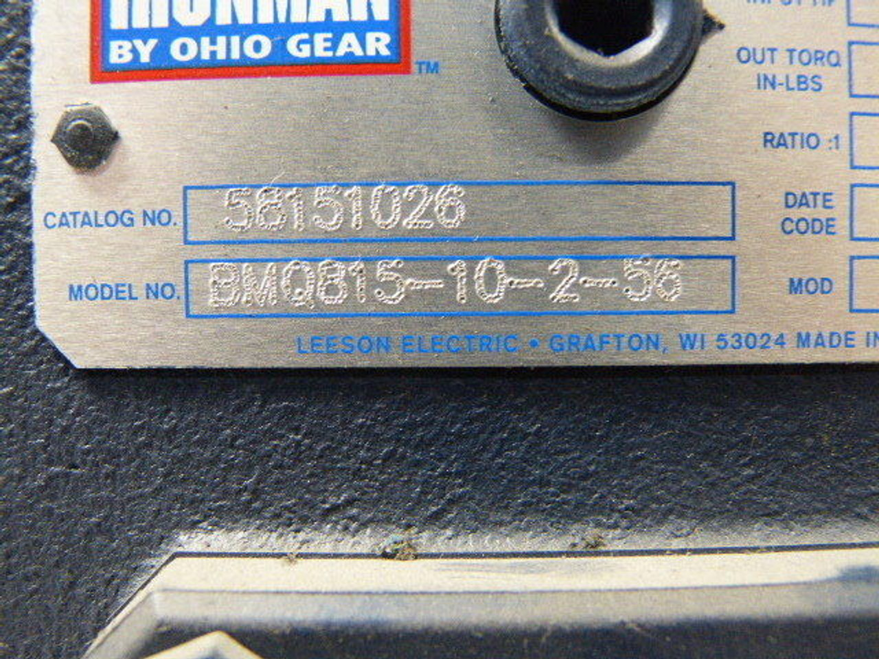 OhioGear BMQ815-10-2-56 Gear Reducer 10:1 Ratio 1.02HP@1750RPM USED
