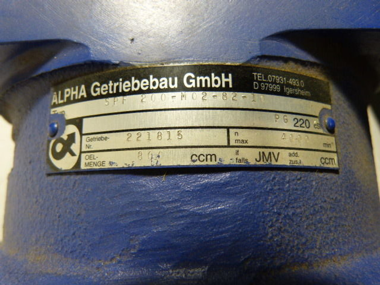 Alpha SPF200-M02-82-10 Planetary Gearbox 4000RPM USED