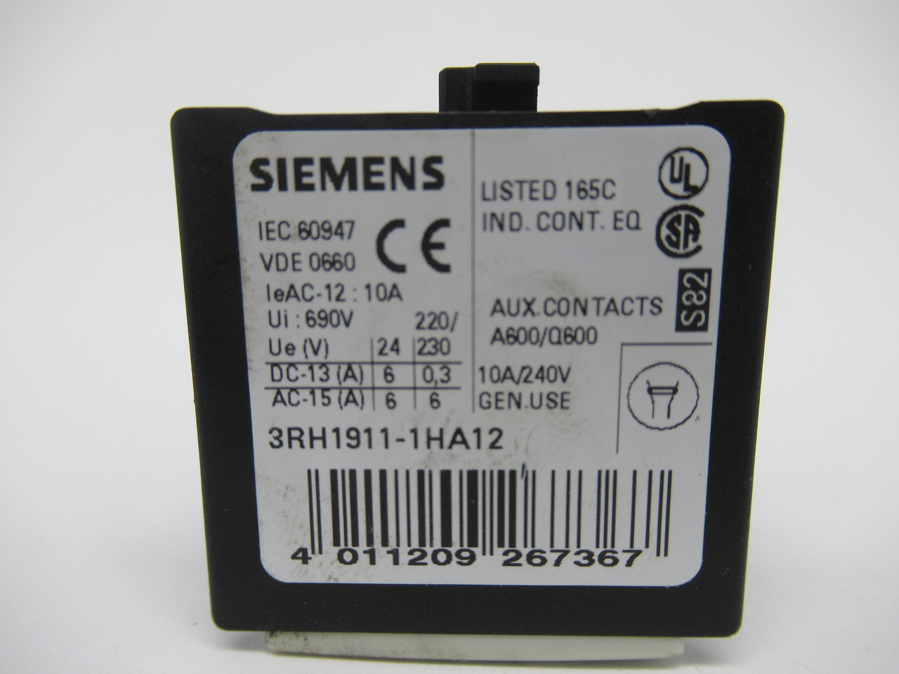 Siemens 3RH1911-1HA12 Auxiliary Switch Block 1NO 2NC 10A/240V USED