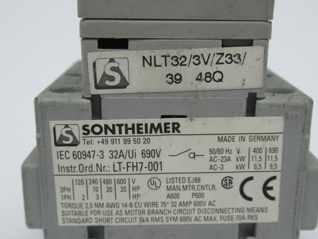 Sontheimer NLT32/3V/Z33/39 Disconnect Switch Base 32A 690V USED