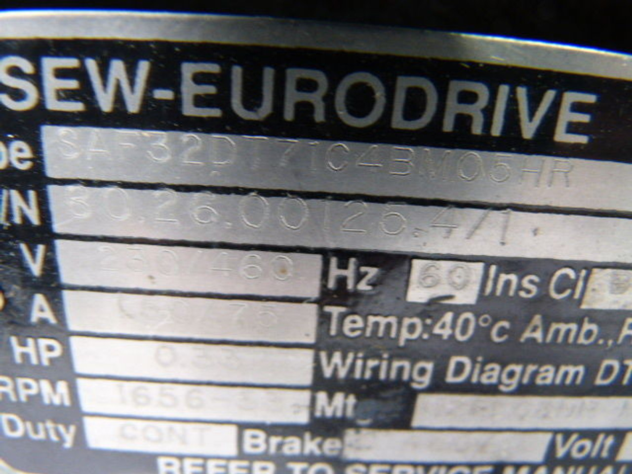 Sew-Eurodrive 0.33HP 1653-56RPM 230/460V TEFC 3Ph 1.50/.75A 60Hz USED