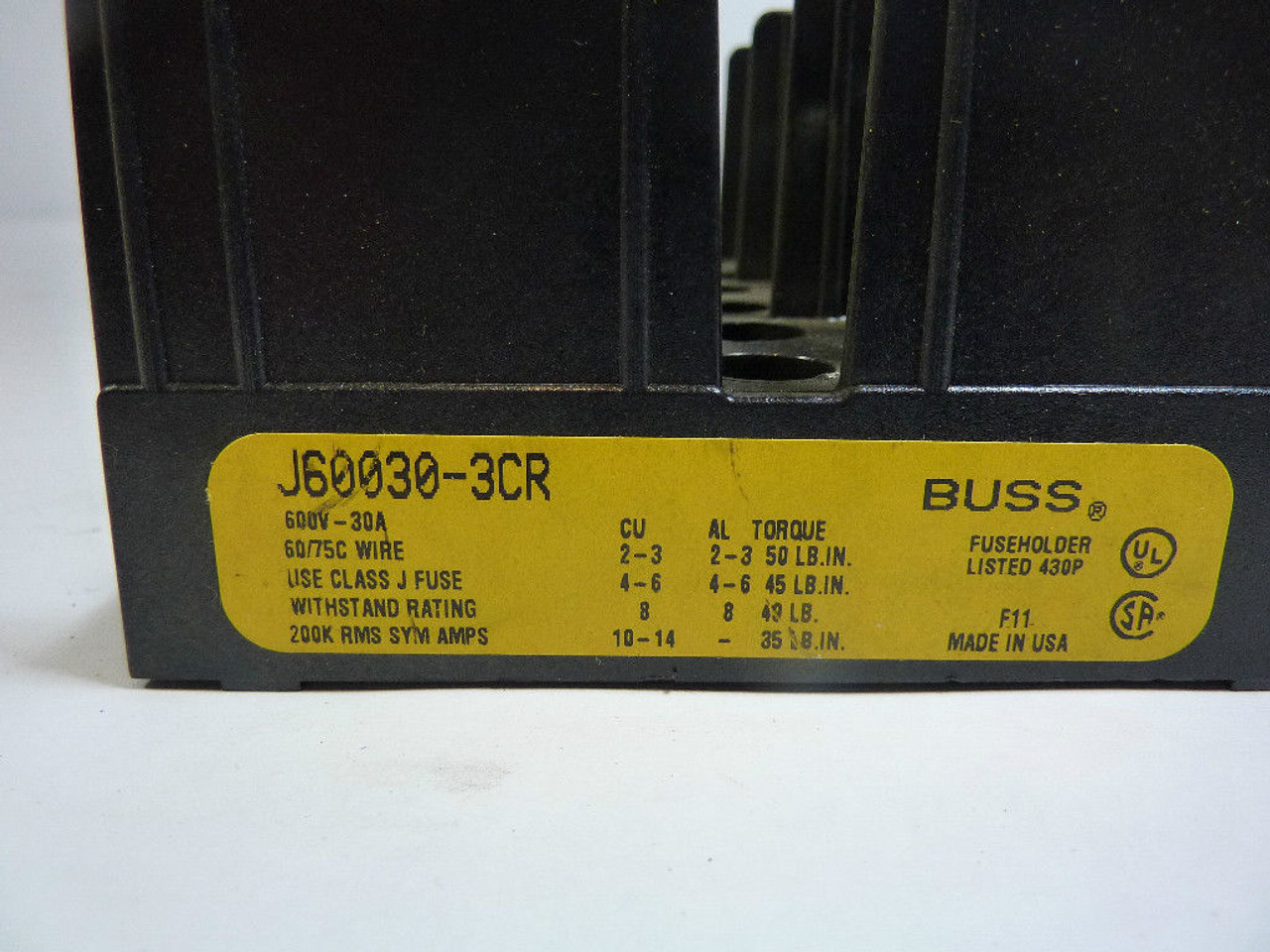 Bussmann J60030-3CR Fuse Block 30A 600V 3P USED