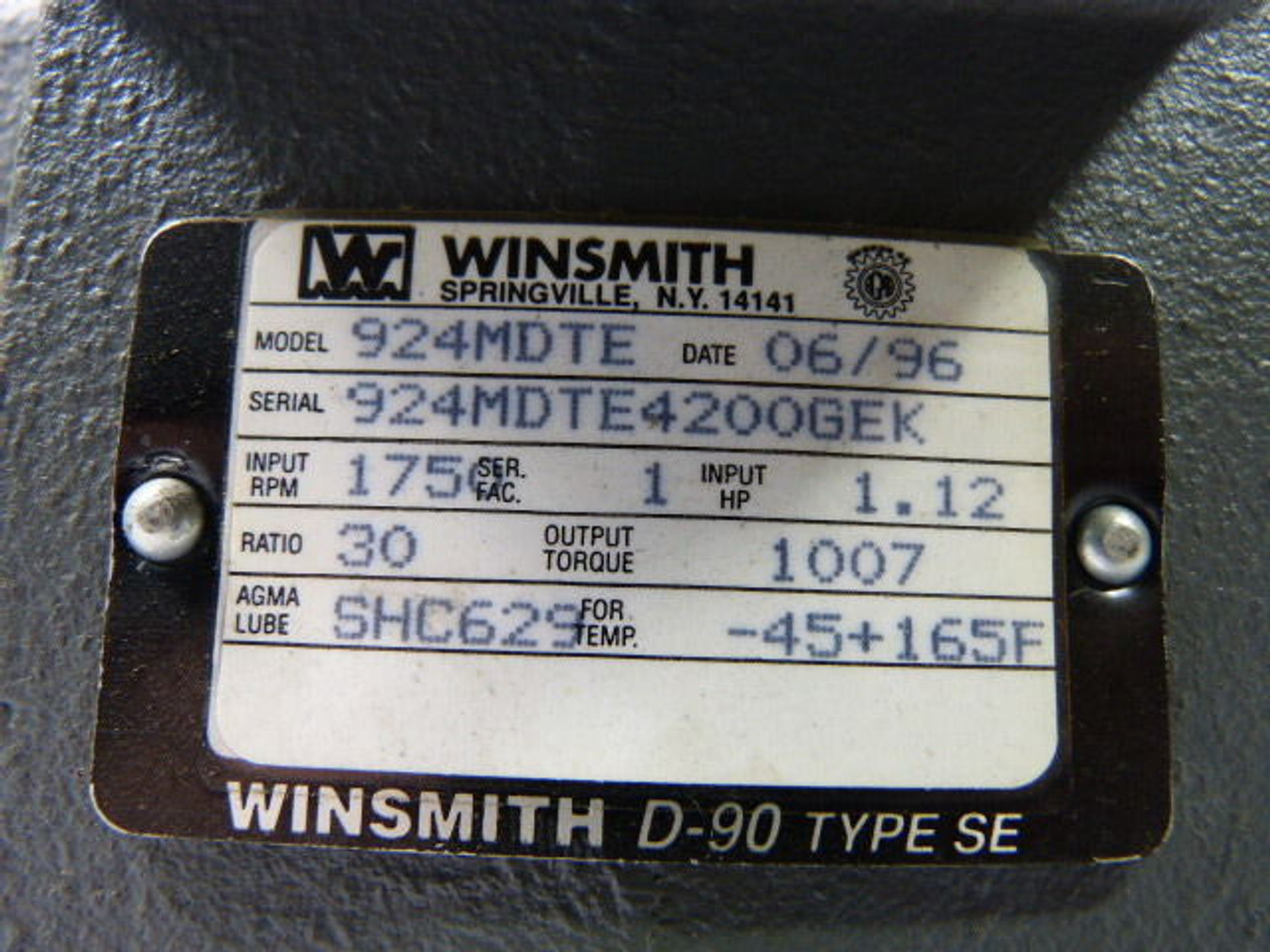 Winsmith 924MDTE Worm Gear Reducer 30:1 Ratio 1007lb-in 1HP@1750Rpm USED