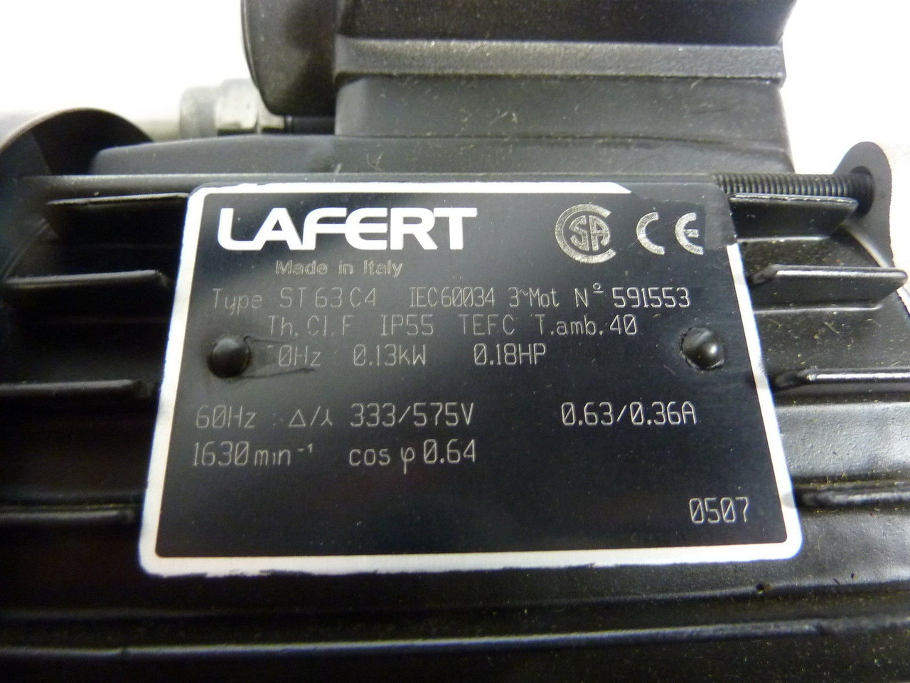 Lafert ST63C4 Motor 0.18HP 1630RPM 333/575V TEFC 3Ph C/W Worm Gear ! AS IS !