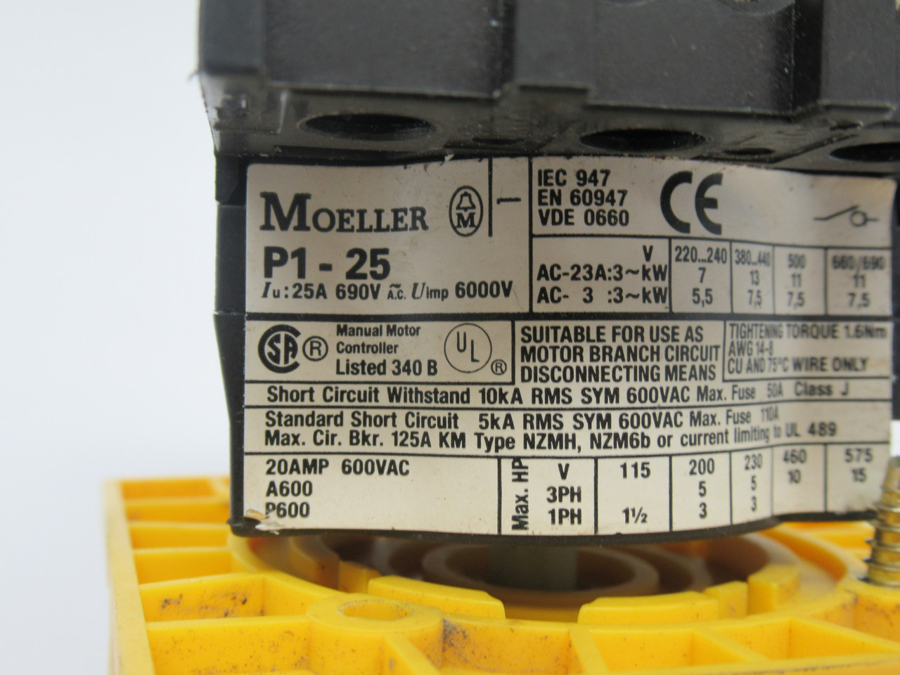 Moeller P1-25/V/SVB/2HI11 Main Disconnect Switch 25A 690VAC 3Pole 2NO 2NC USED