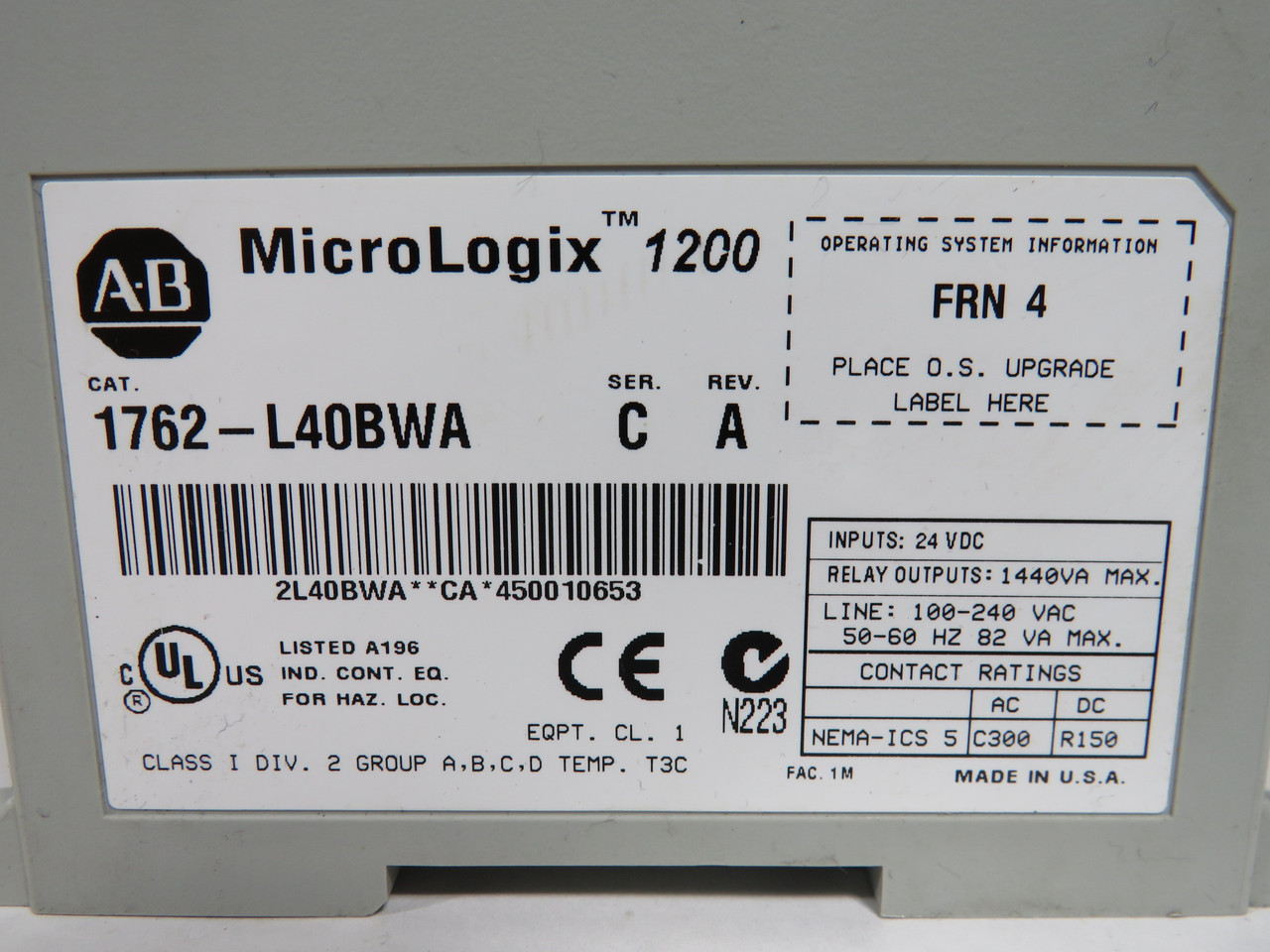 Allen-Bradley 1762-L40BWA Series C MicroLogix Programmable Controller USED