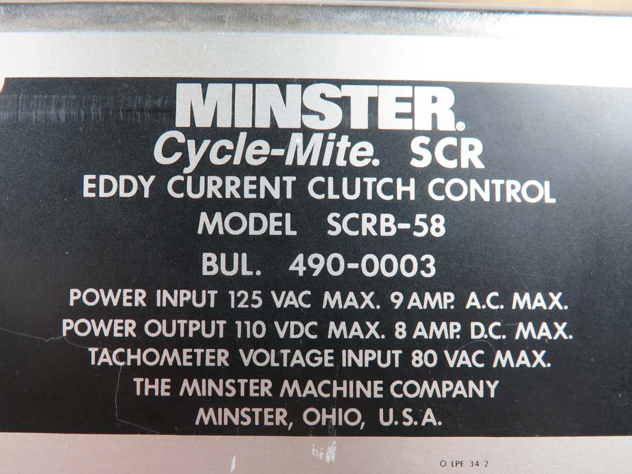Minster SCRB-58 Eddy Current Clutch Control 110VDC 8A DC w/Internal Boards USED