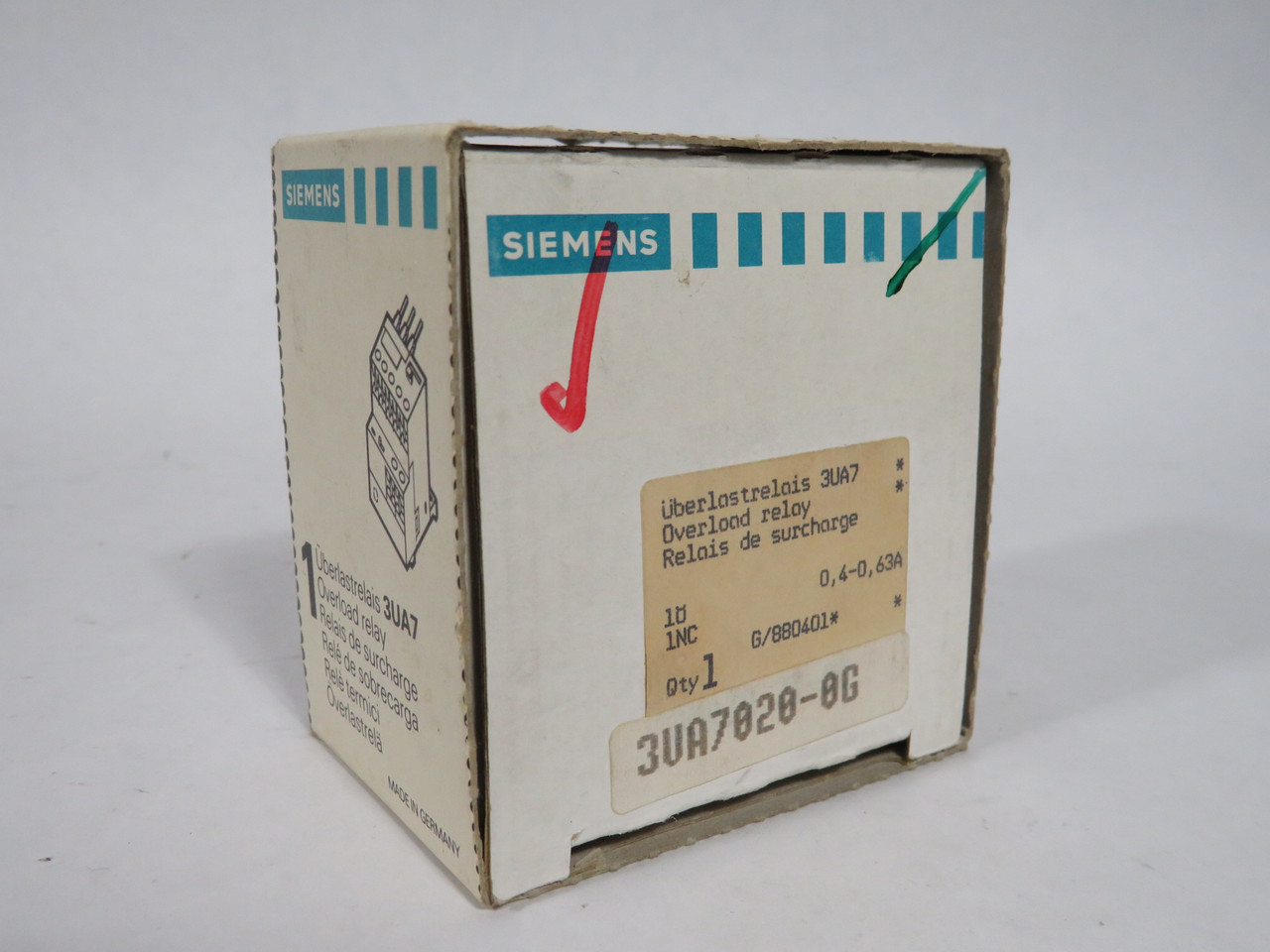 Siemens 3UA7020-0G Overload Relay 0.4-0.63A 1NC 2A SHELF WEAR NEW