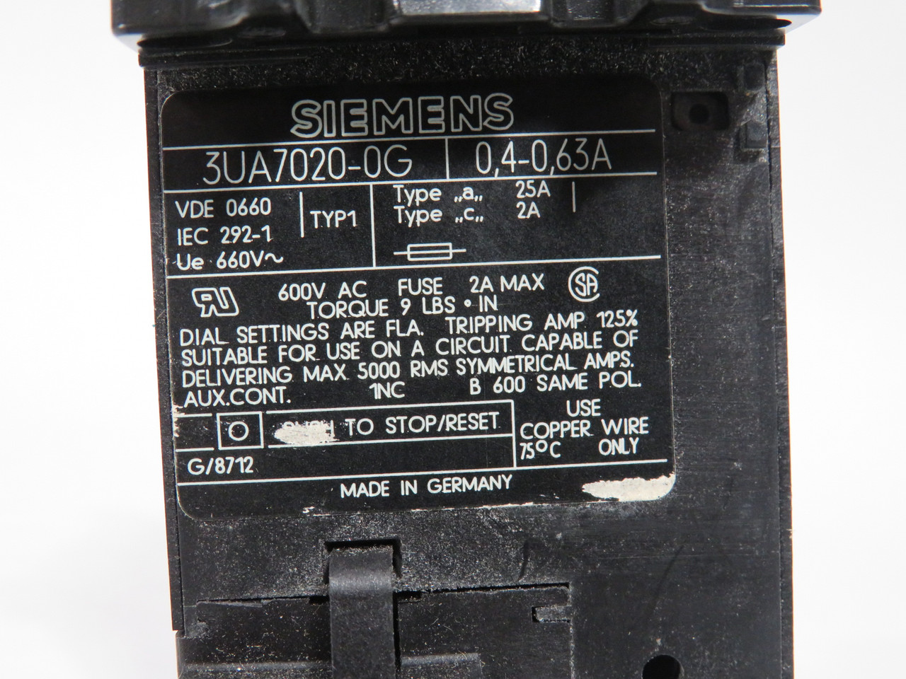 Siemens 3UA7020-0G Overload Relay 0.4-0.63A 1NC 2A SHELF WEAR NEW