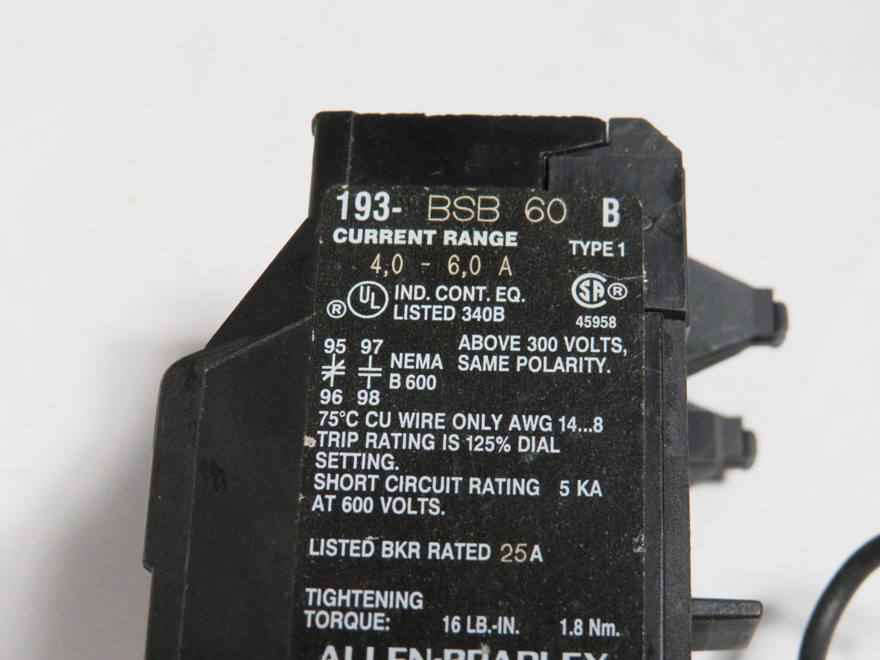 Allen-Bradley 193-BSB60 Series B Overload Relay 4-6A Bi-Metallic USED