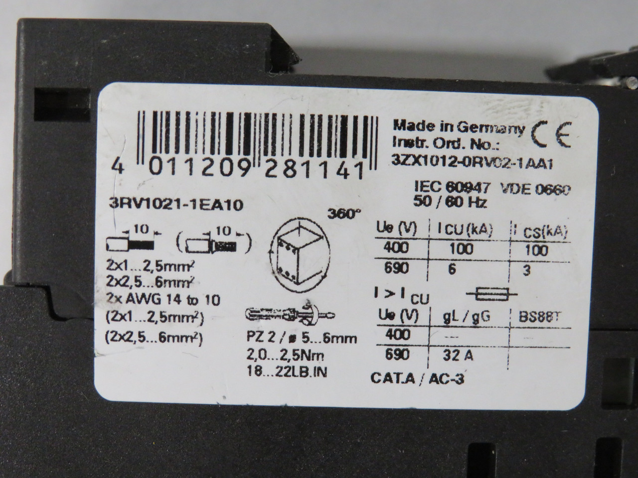 Siemens 3RV1021-1EA10 Motor Circuit Breaker 2.8-4A Size S0 690V 3P USED