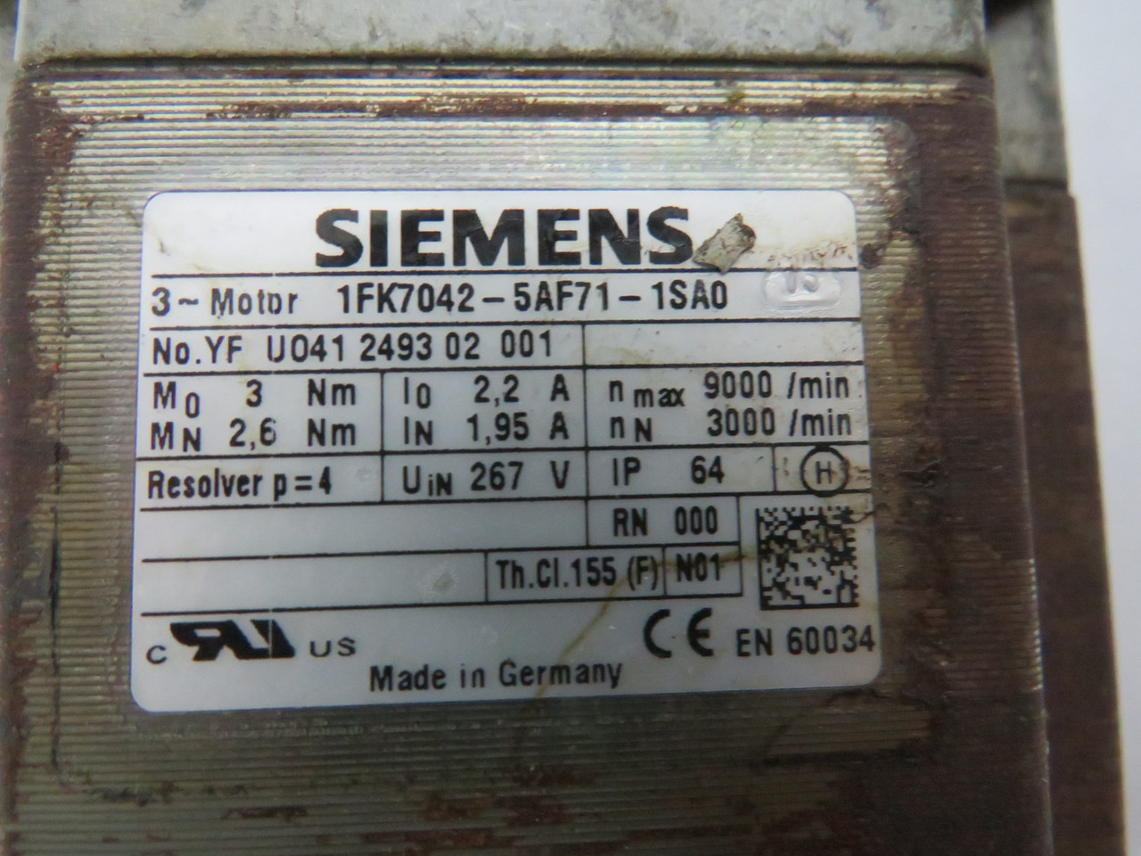 Siemens 1FK7042-5AF71-1SA0 Servo Motor 9000/3000RPM 267V 3/2.6Nm 2.2/1.95A USED