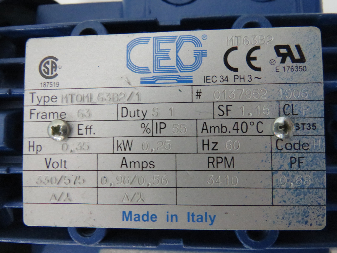 CEG 0.35HP 3410RPM 330/575V 63 TEFC 3Ph 0.98/0.56A 60Hz USED