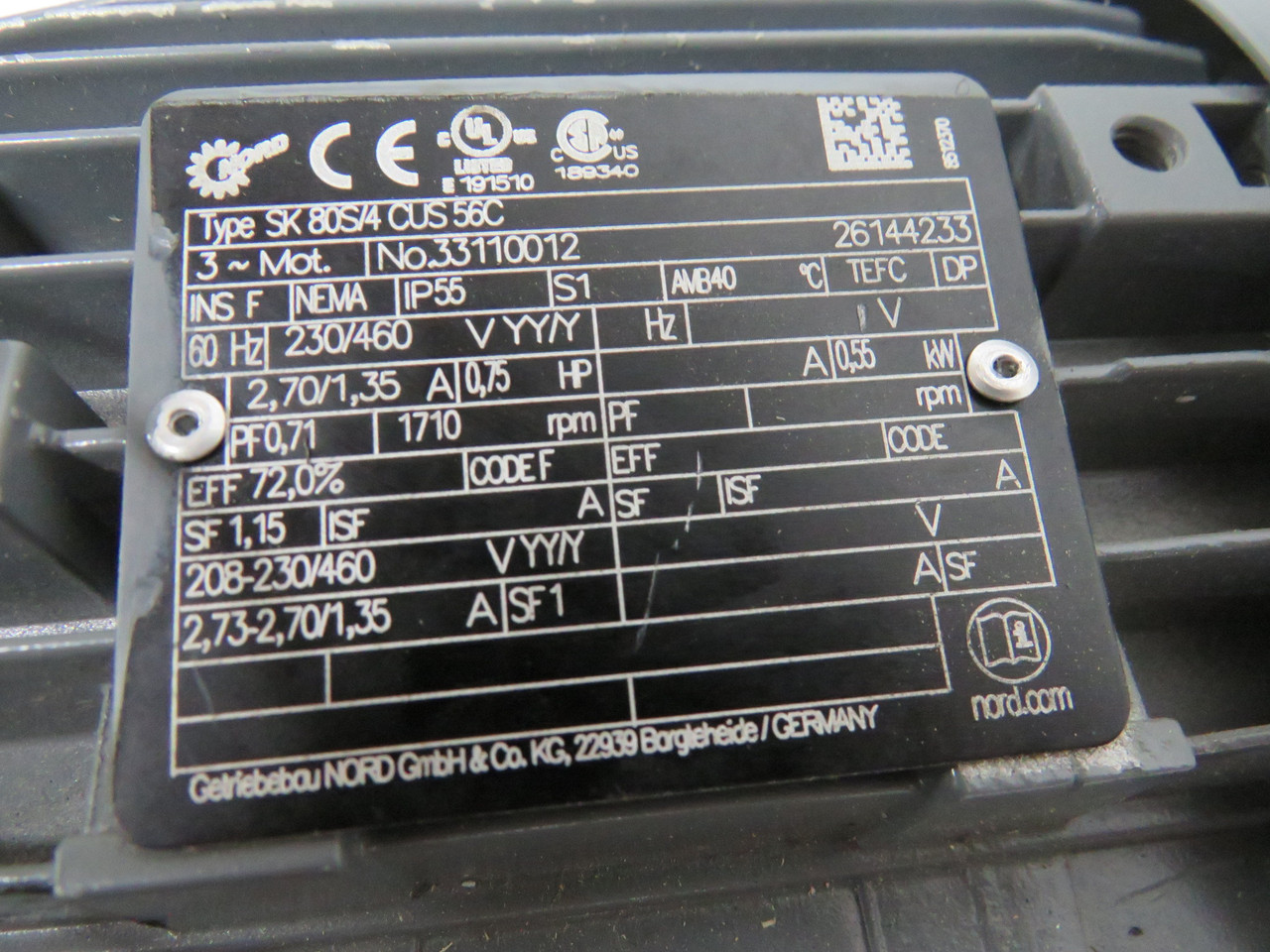 Nord 0.75Hp 1710RPM 230/460V TEFC 3Ph 2.70/1.35A 60Hz USED
