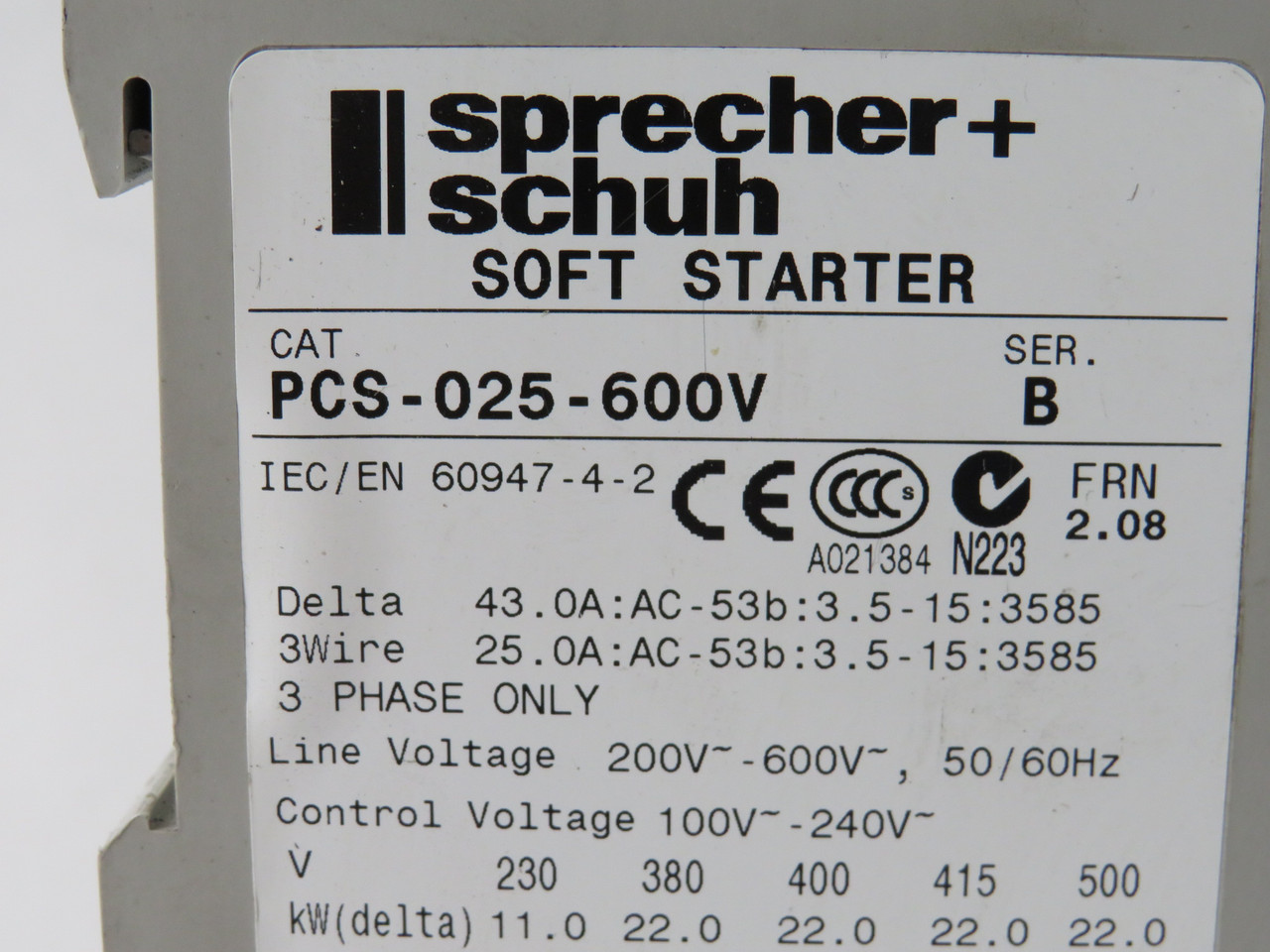 Sprecher + Schuh PCS-025-600V Ser B Soft Starter FRN.2.08 8.3-25A *COS DMG* USED