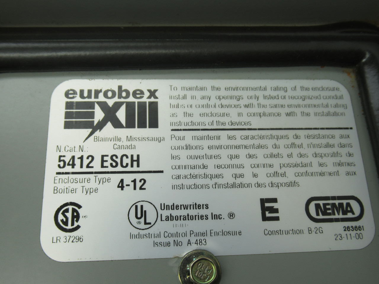 Eurobex 5412-ESCH080604 JIC Enclosure Type 4, 12 8" x 6" x 4" USED