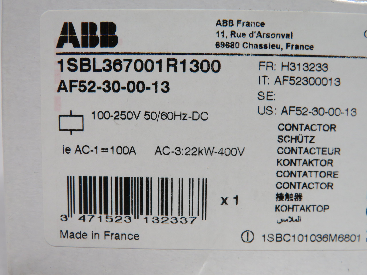 ABB AF52-30-00-13 1SBL367001R1300 Contactor 100-250V 50/60Hz-DC NEW