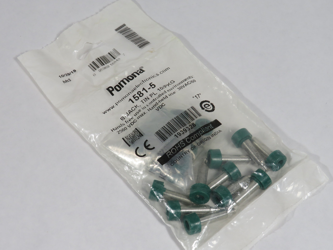 Pomona 1581-5 Panel-Mount Banana Jack 2500VDC 30VAC/60VDC Green 10-Pack NWB