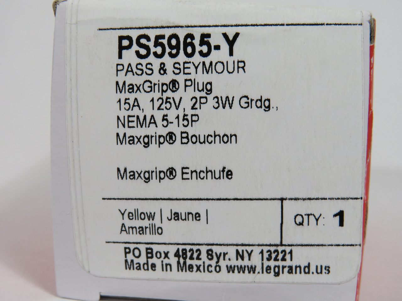 Pass & Seymour Legrand PS5965-Y MaxGrip Plug 15A 125V 3W 2P NEMA 5-15P NEW