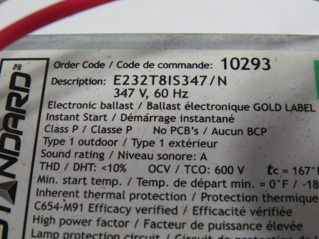 Standard E232T8IS347/N Electronic Linear Fluorescent Ballast 347V CUT ENDS USED