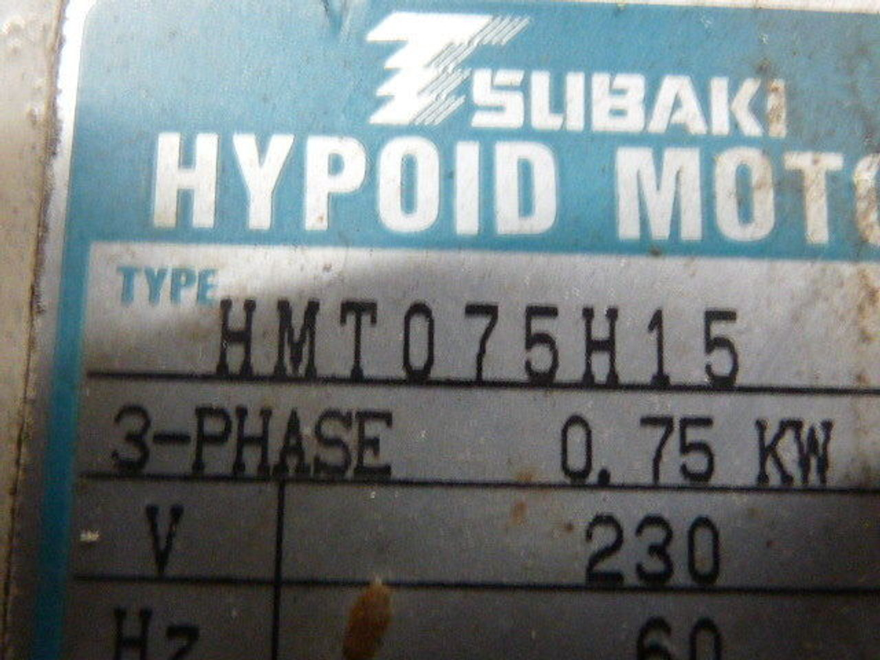 Tsubaki HMT075H15 Hypoid Motor 3Ph 0.75kW 230V 120RPM 60Hz USED