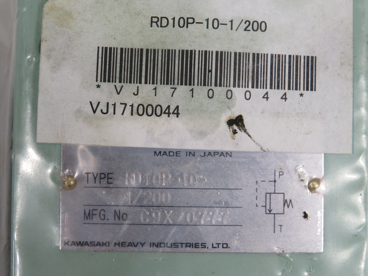 Kawasaki RD10P-10-1/200 Direct Operated Relief Valve w/Handle *Holes in Bag* NWB