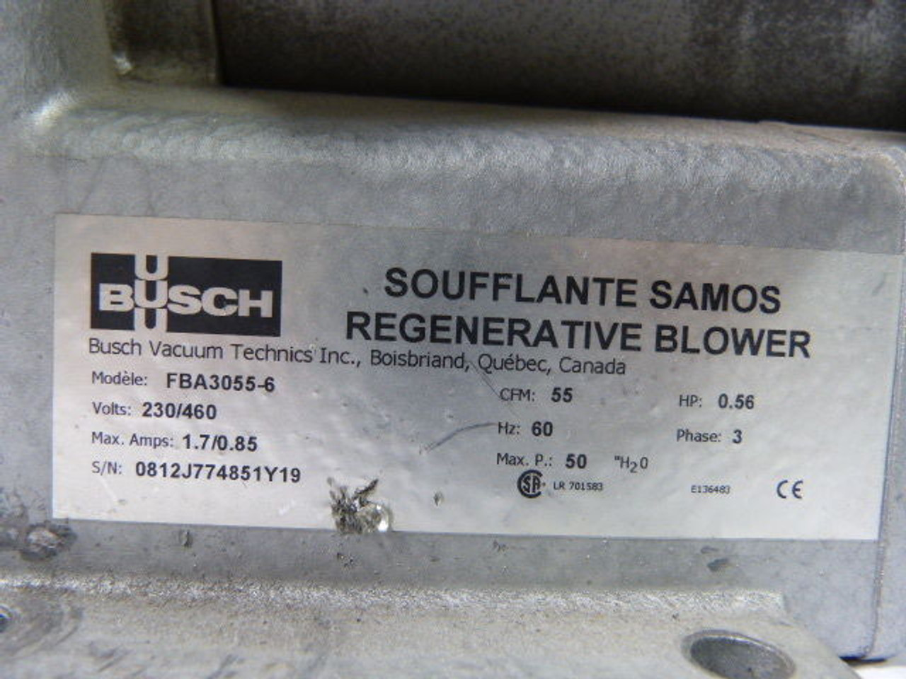 Busch FBA3055-6 Regenerative Blower 0.56HP 230/460V 3Ph 1.7/0.85A 60Hz USED