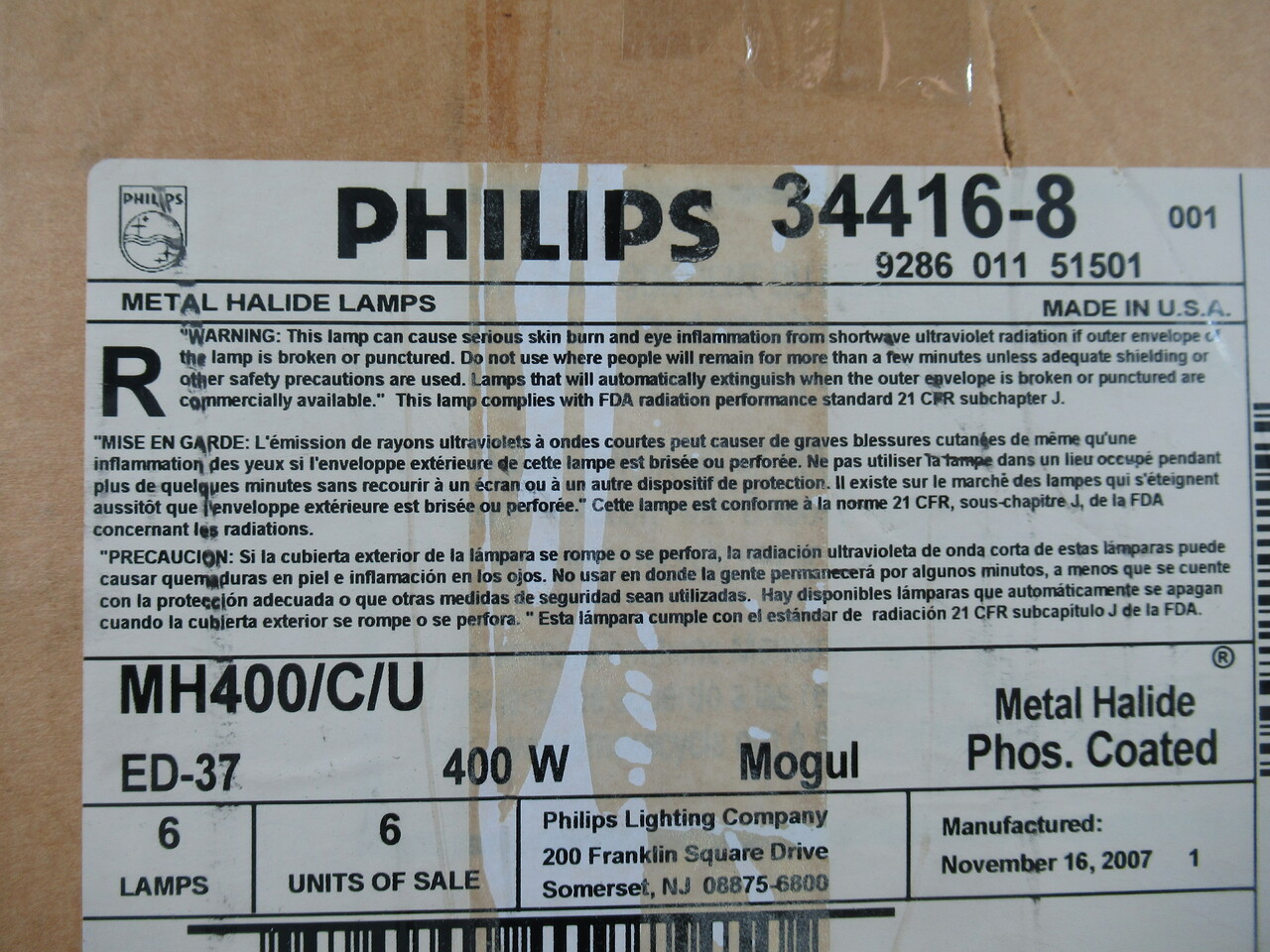 Philips MH400/C/U 34416-8 Metal Halide Lamp 20000Hrs 400W 6-Pack NEW