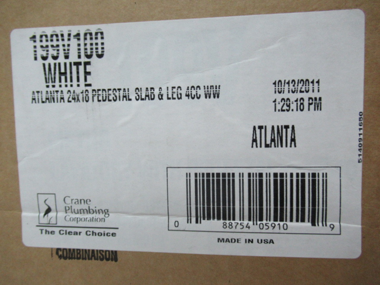 Crane Plumbing 199V100 White Atlanta Pedestal Slab & Leg 4CC WW 24x18" ! NEW !