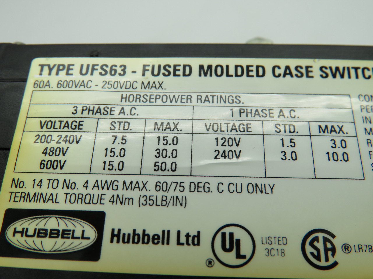 Hubbell 62312-1 Type UFS63 Molded Fuse Switch 60A 600V 250VDC COSMETIC DMG USED