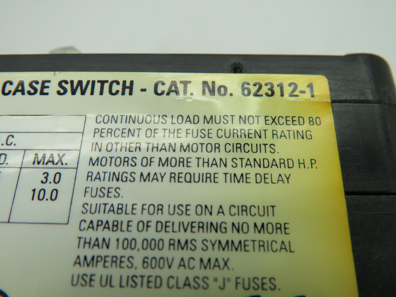 Hubbell 62312-1 Type UFS63 Molded Fuse Switch 60A 600V 250VDC SHELF WEAR USED