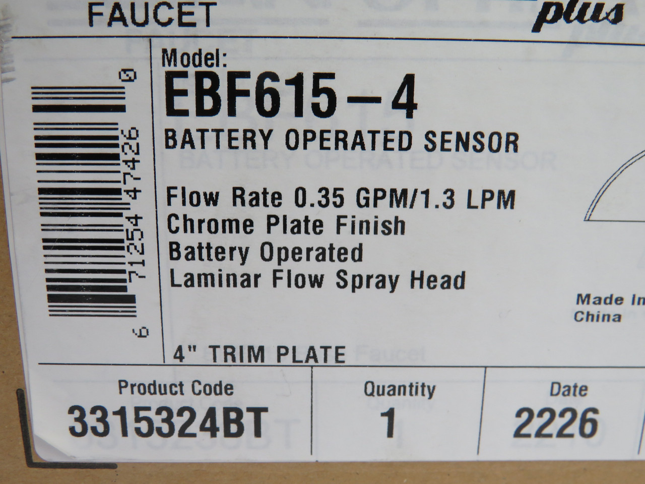 Sloan EBF615-4 Battery-Powered Sensor-Operated Chrome Faucet 4" Trim Plate NEW