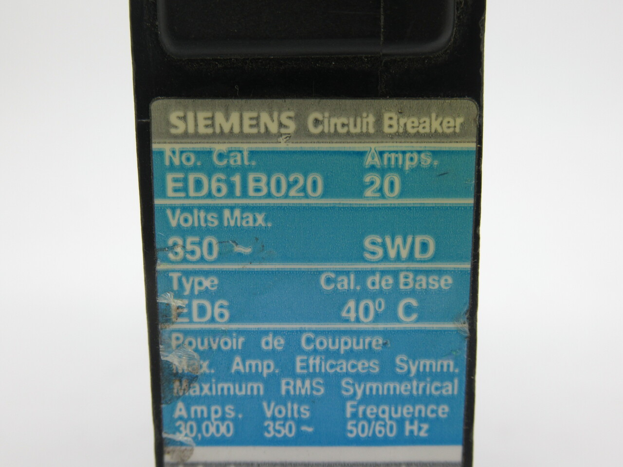 Siemens ED61B020 Circuit Breaker 1-Pole 20A 350V USED