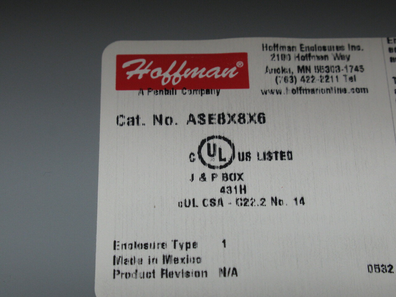 Hoffman ASE8X8X6 Screw-Cover Enclosure Type 1 8x8x6" SHELF WEAR NOP