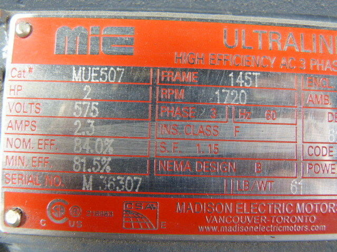 Madison 2HP 1720RPM 575V 145T TEFC 3Ph 2.3A 60Hz USED