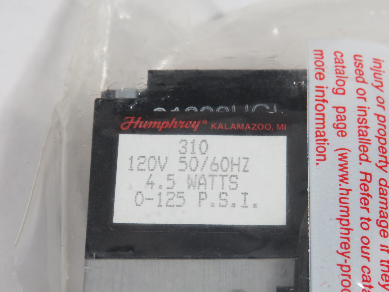 Humphrey 3101205060 Inline Solenoid Valve 120V 50/60Hz 4.5W 0-125psi NWB