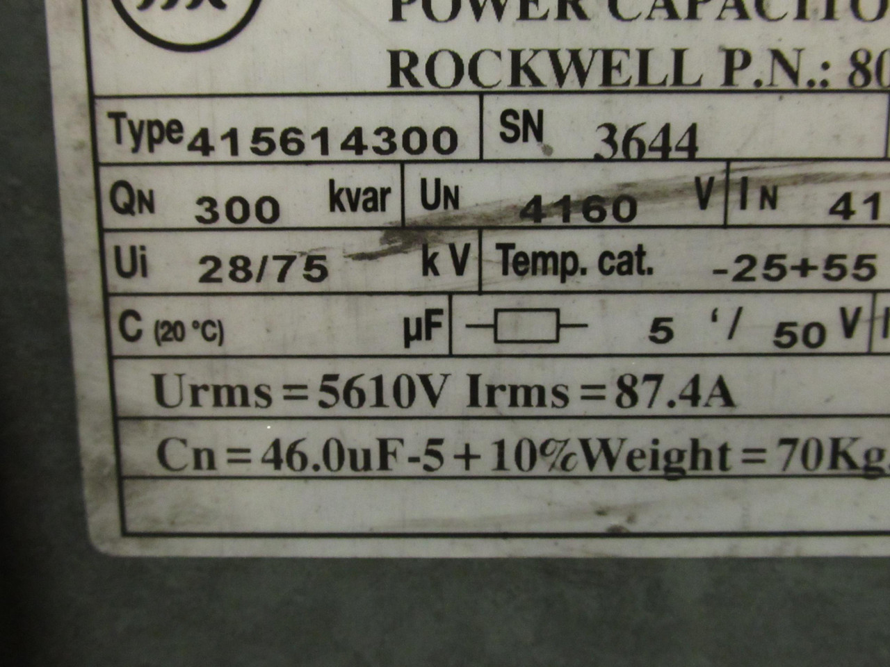Rockwell 80026-041-73 Line Capacitor 300kVAR 4160V 41.6A 60Hz USED