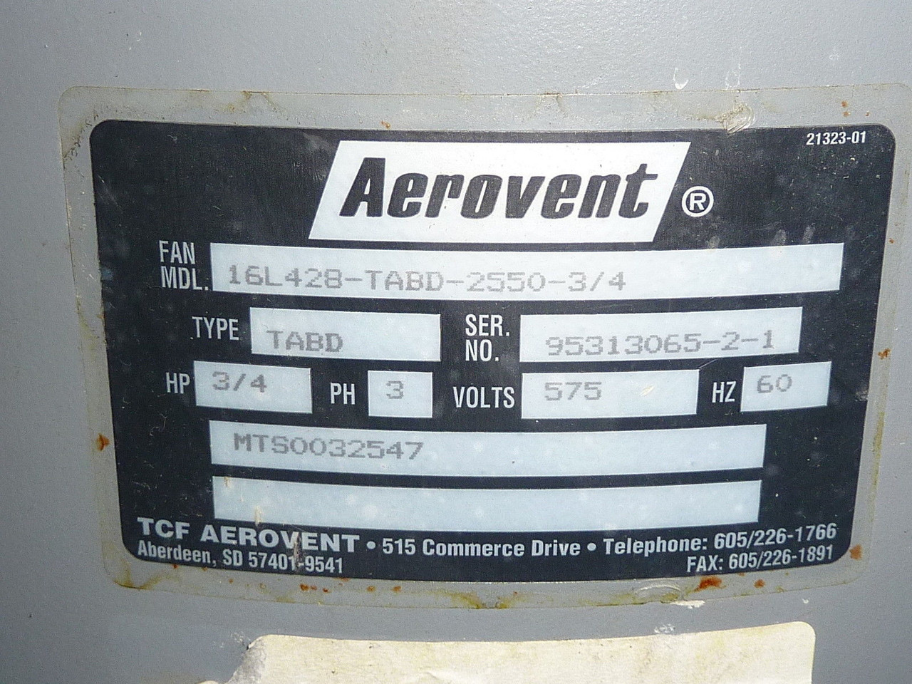 Aerovent 16L42B-TABD-2550-3/4 Fan 575V 3PH 0.75HP USED