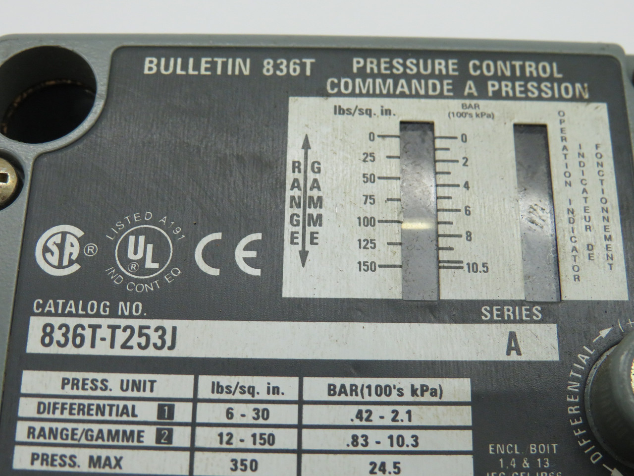 Allen-Bradley 836T-T253J Series A Pressure Control TWO ADJUSTMENT DIALS USED