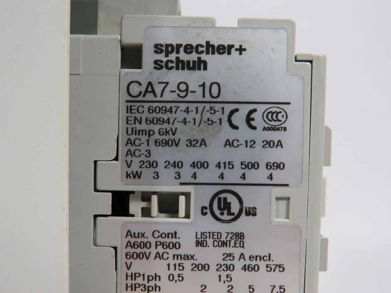 Sprecher + Schuh CAK7-9-600-1EDB-P2 Starter 550V@50Hz 600V@60Hz NO COVER USED