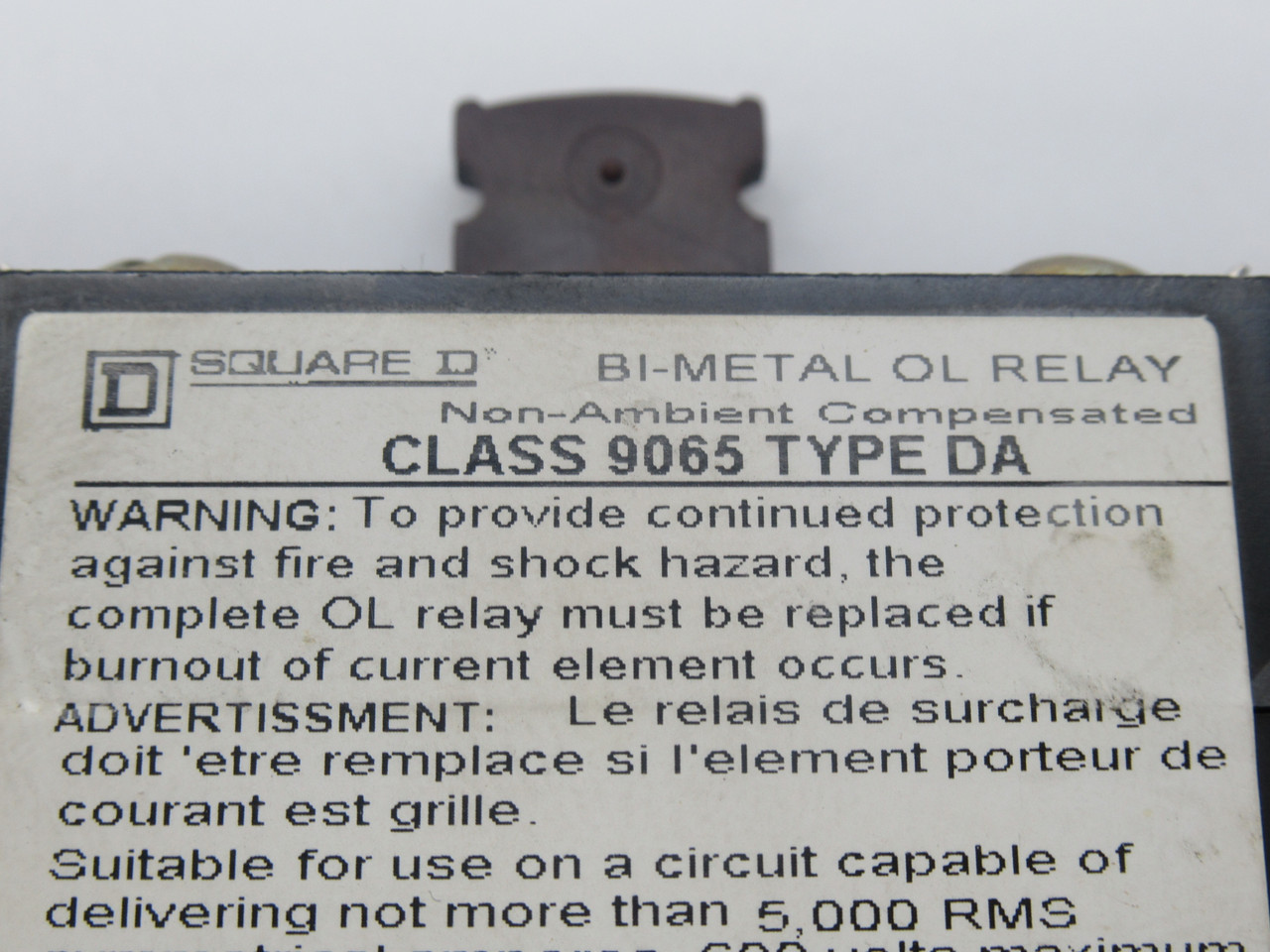 Square D 9065-DA Bi-Metal Overload Relay w/ E19 Heater Element 600VAC USED