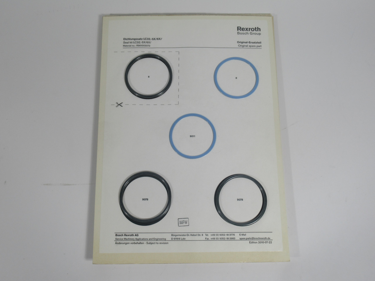 Bosch Rexroth R961003072 Seal Kit for LC32.-5X/6X Cartridge Valve INCOMPLETE NEW