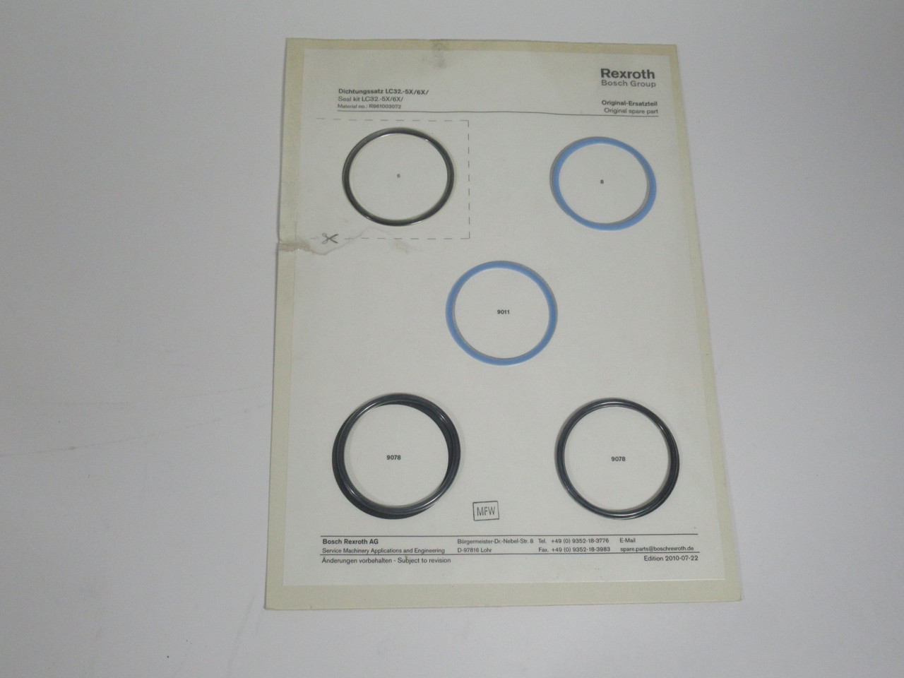 Bosch Rexroth R961003072 Seal Kit for LC32.-5X/6X Cartridge Valve INCOMPLETE NEW
