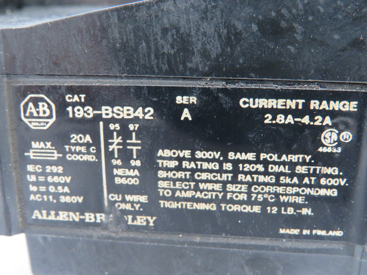 Allen-Bradley 193-BSB42 Series A Overload Relay 2.8-4.2A USED