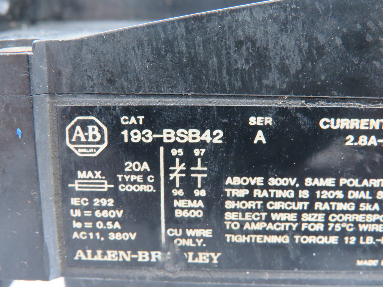 Allen-Bradley 193-BSB42 Series A Overload Relay 2.8-4.2A USED